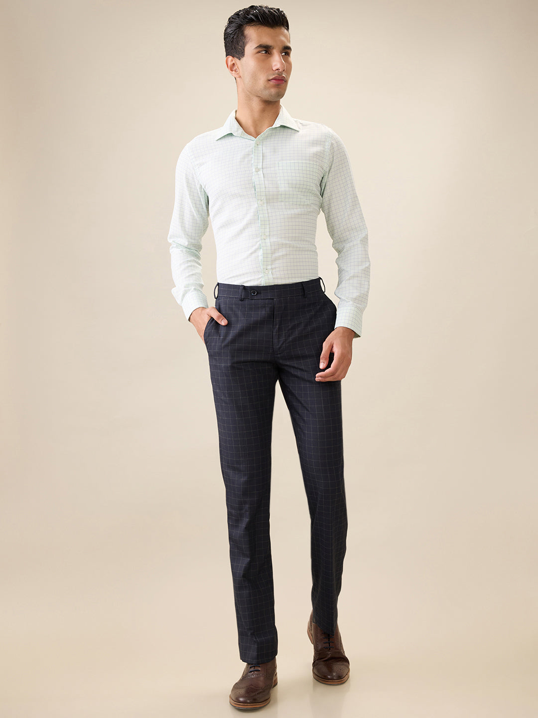 Park Avenue Men Green Checks Slim Fit Cotton Blend Full Sleeve Formal Shirt