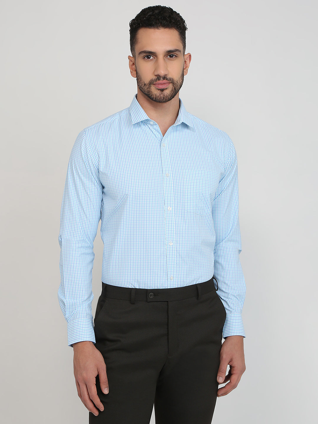 Park Avenue Men Blue Checks Slim Fit Cotton Blend Formal Shirt