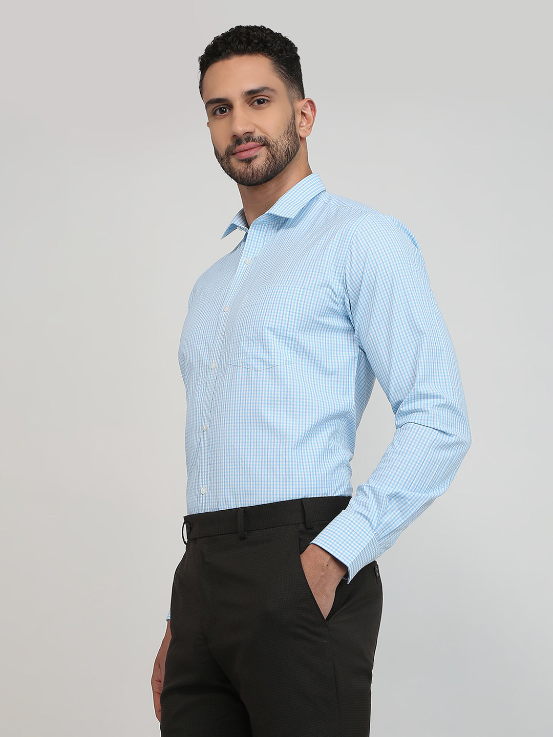 Park Avenue Men Blue Checks Slim Fit Cotton Blend Formal Shirt