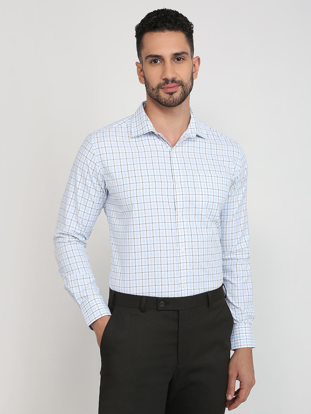 Park Avenue Men Blue Checks Slim Fit Cotton Blend Formal Shirt