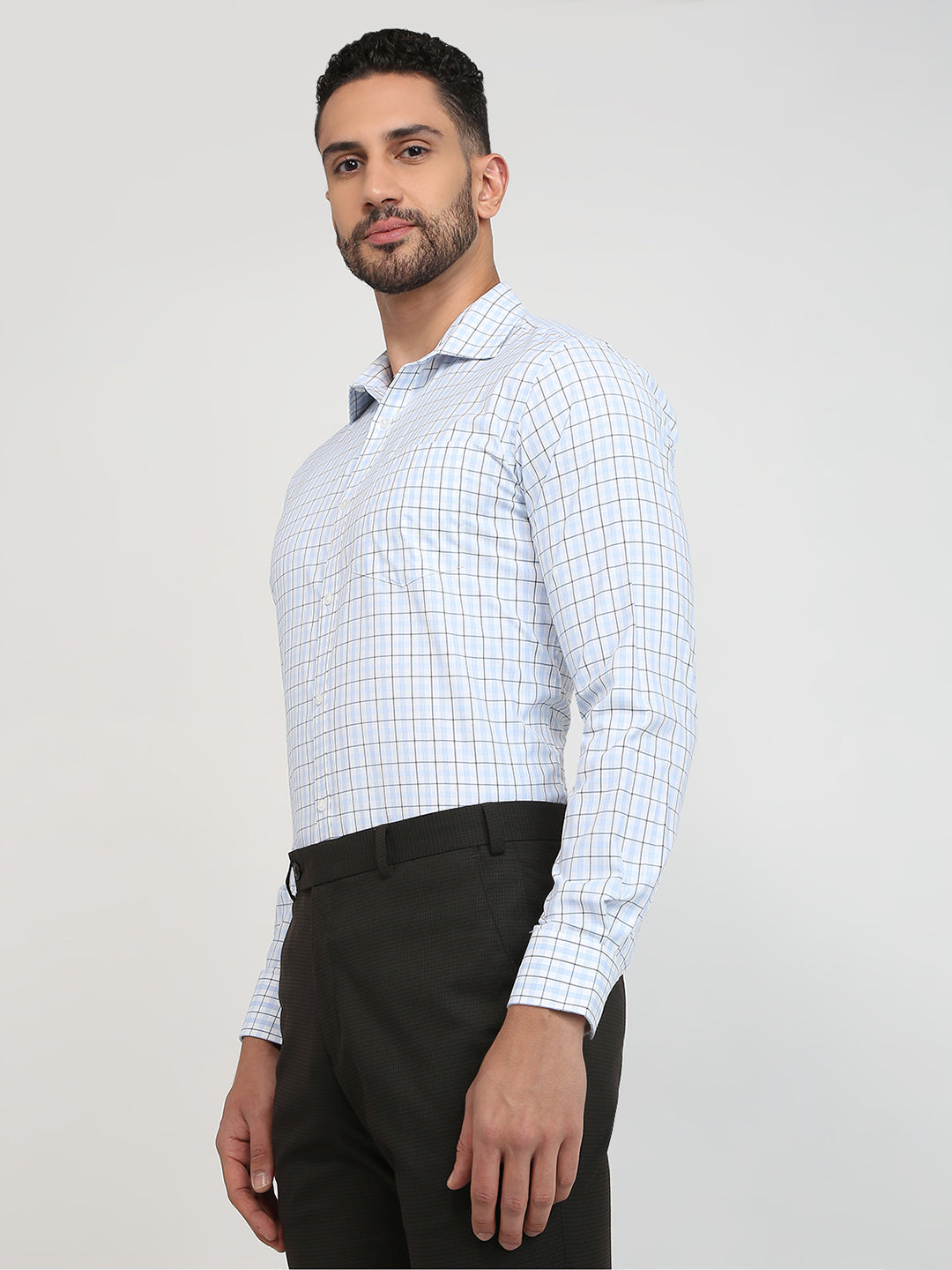 Park Avenue Men Blue Checks Slim Fit Cotton Blend Formal Shirt