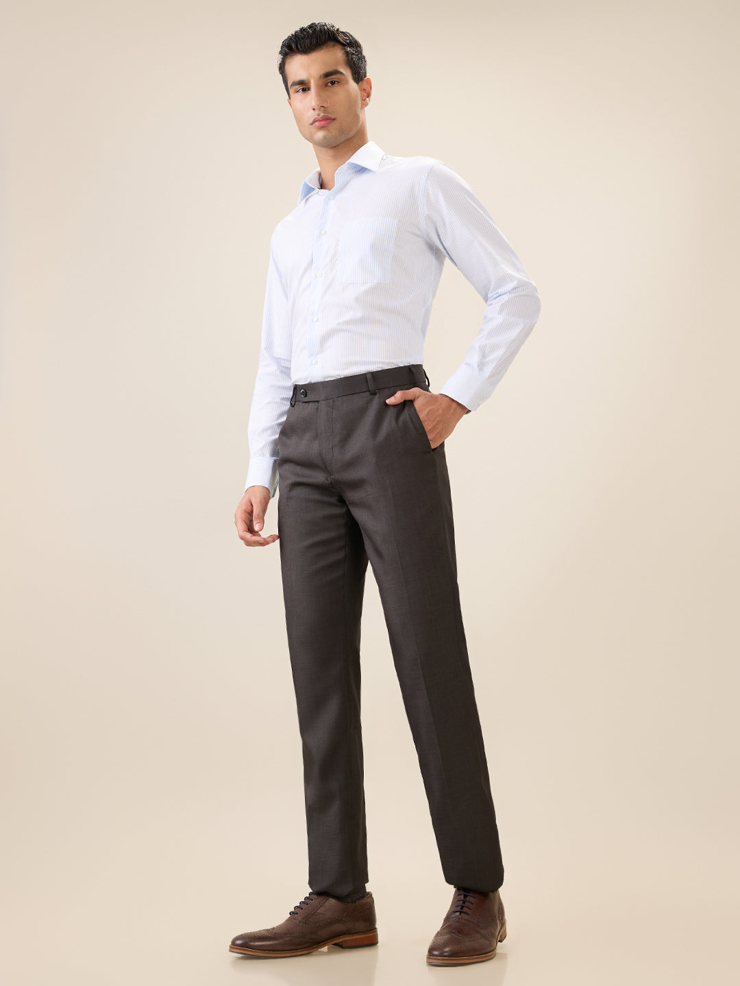 Park Avenue Men Grey Solid Slim Fit Polyester Blend Trouser