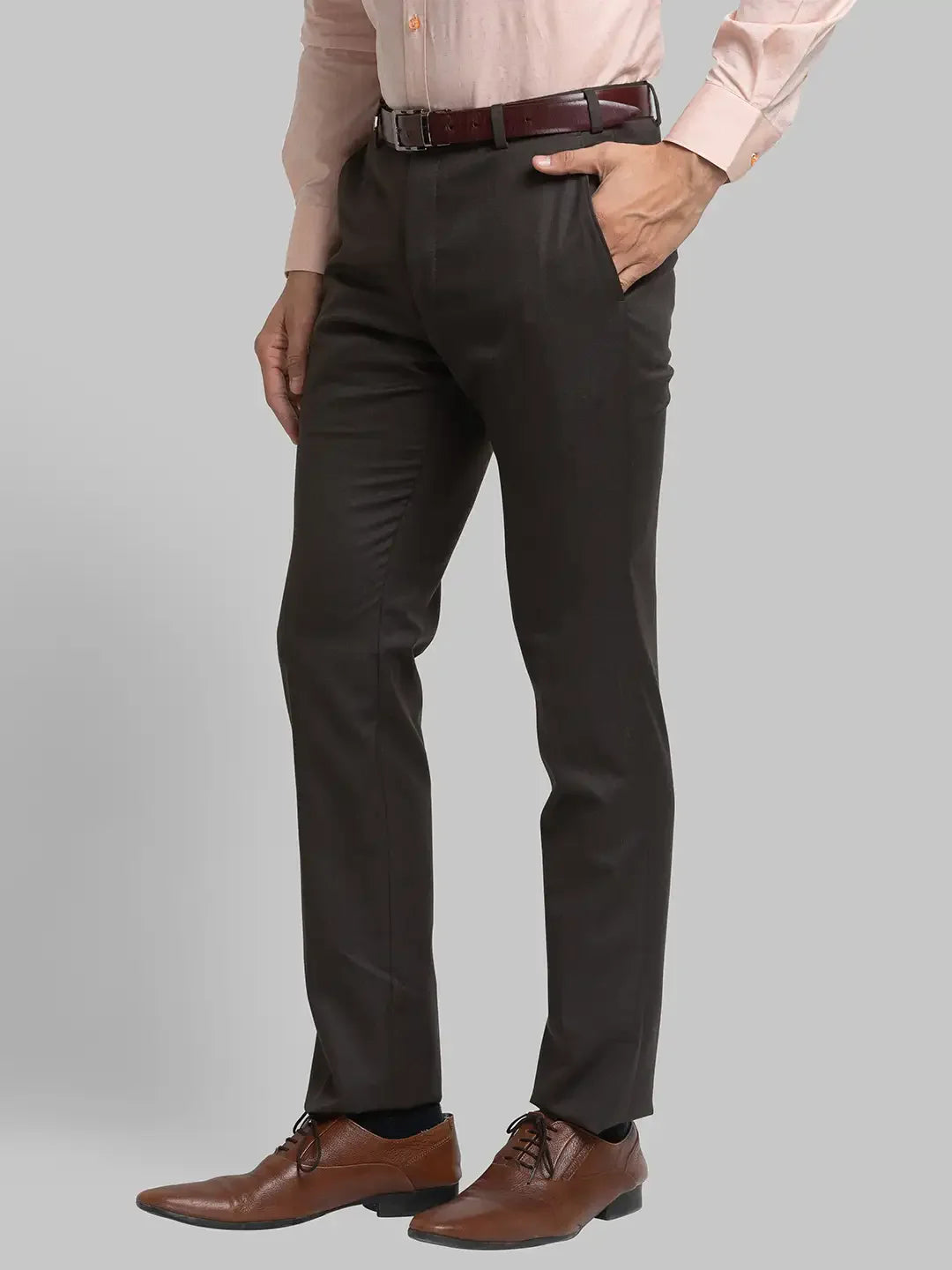 Men Brown Super Slim Fit Structure Polyester Blend Trouser