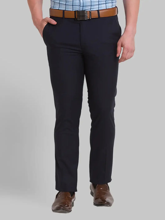 Men Blue Super Slim Fit Structure Polyester Blend Trouser