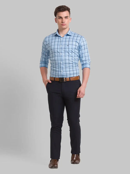 Men Blue Super Slim Fit Structure Polyester Blend Trouser