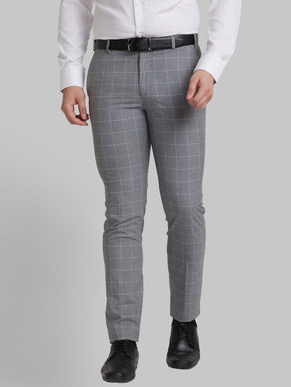Park Avenue Men Grey Checkered Super Slim Fit Trouser