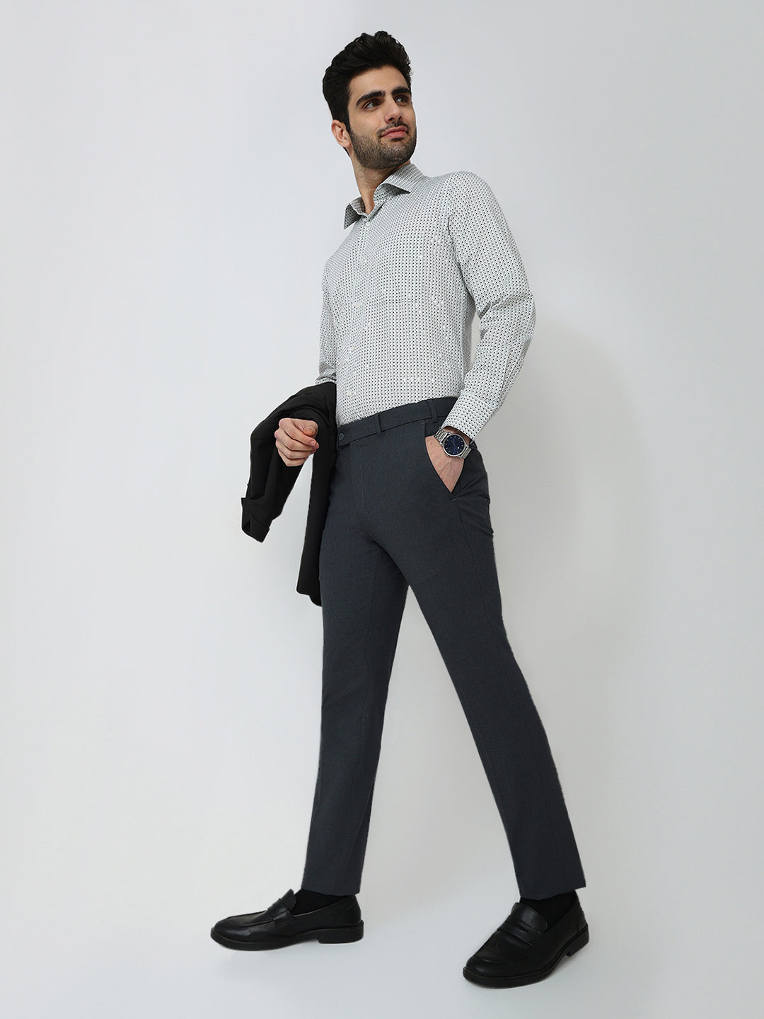 Park Avenue Men Grey Checks Slim Fit Polyester Blend Trouser