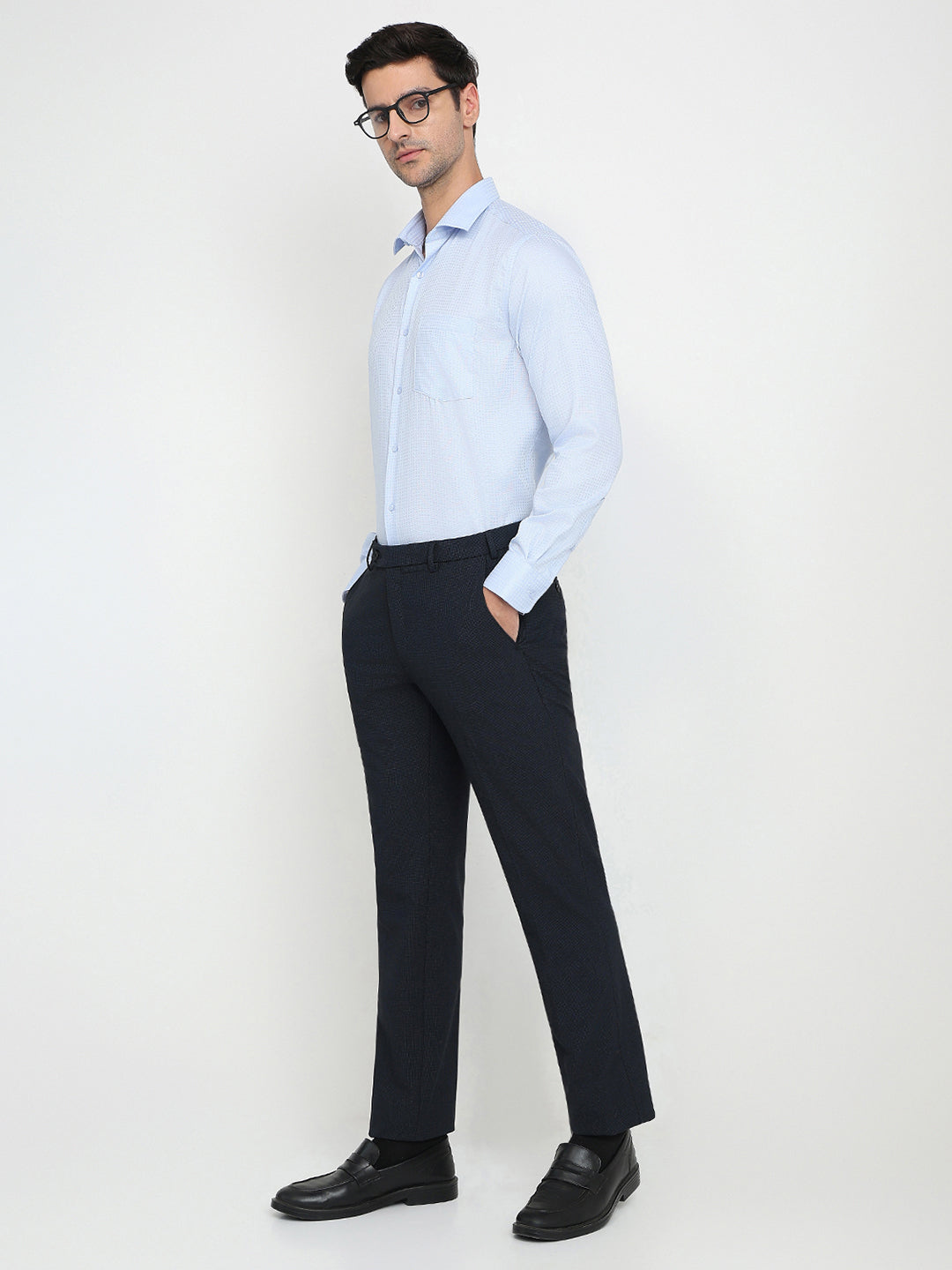 Park Avenue Men Blue Dobby Slim Fit Polyester Blend Trouser