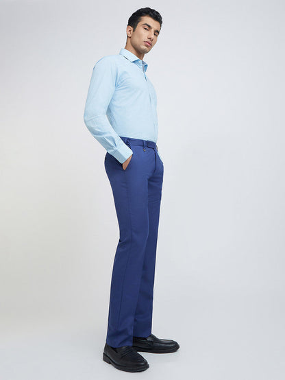 Men Blue Smart Fit Structure Polyester Blend Trouser