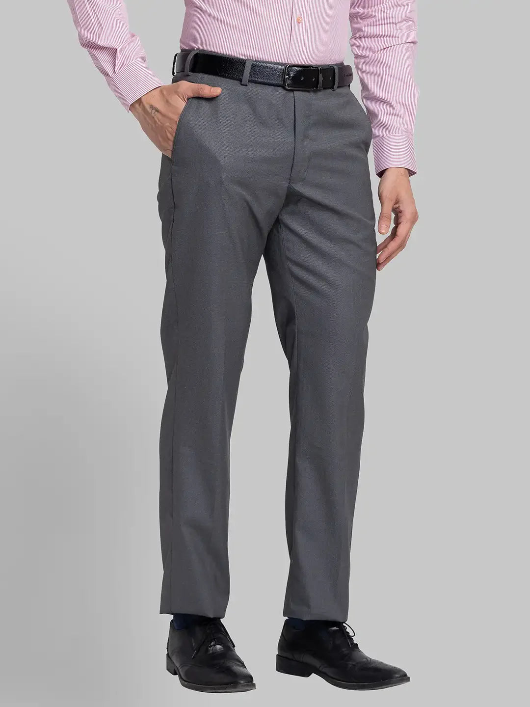 Men Grey Smart Fit Structure Polyster Vicose Blend Trouser