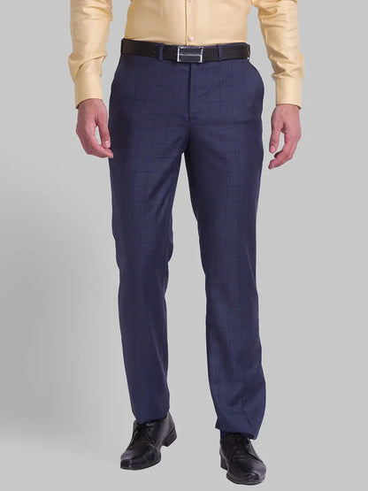 Men Blue Smart Fit Checks Polyester Blend Trouser