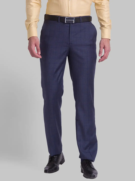 Men Blue Smart Fit Checks Polyester Blend Trouser