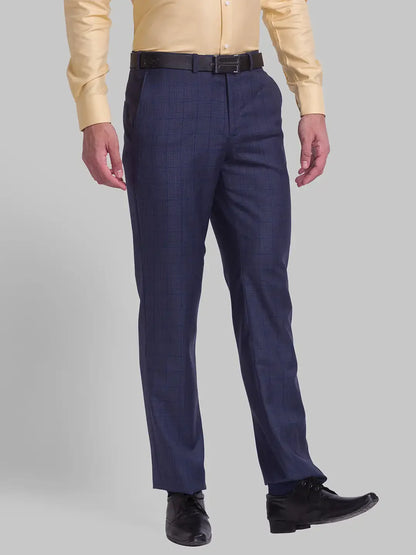 Men Blue Smart Fit Checks Polyester Blend Trouser