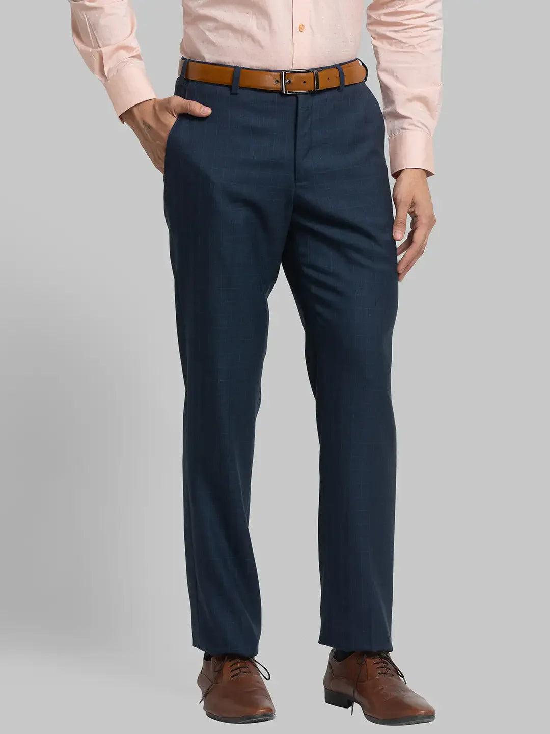 Men Blue Smart Fit Checks Polyester Blend Trouser