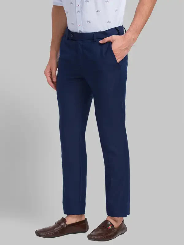 Men Blue Smart Fit Checks Polyester Blend Trouser