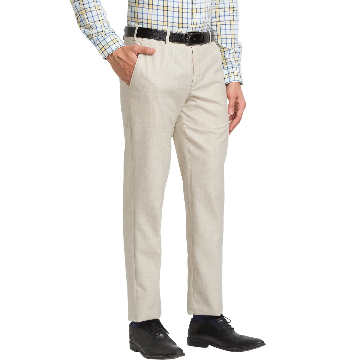 Men Khaki Super Slim Fit Solid Polyester Blend Trouser
