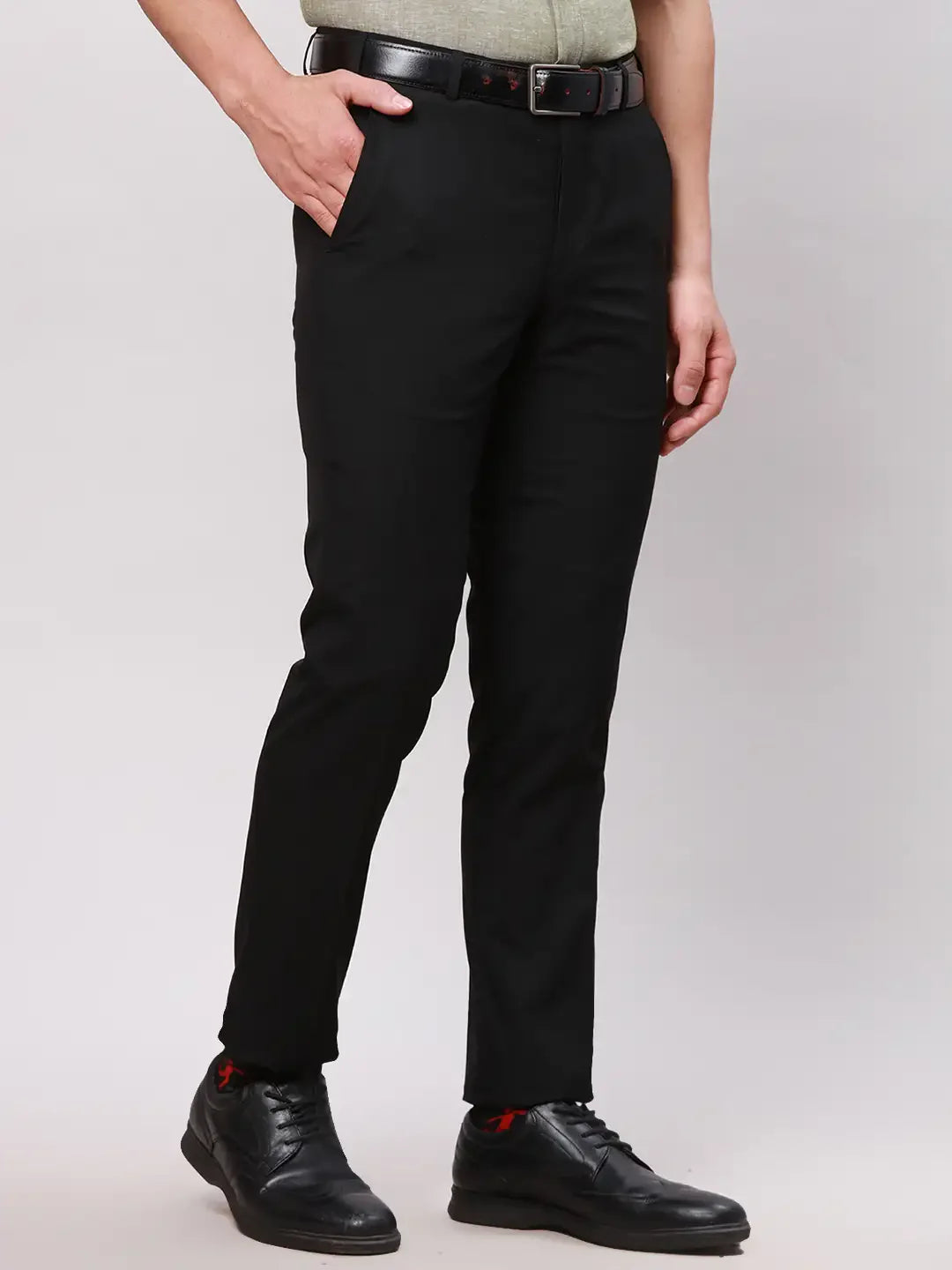Men Black Neo Fit Twill Polyester Blend Trouser