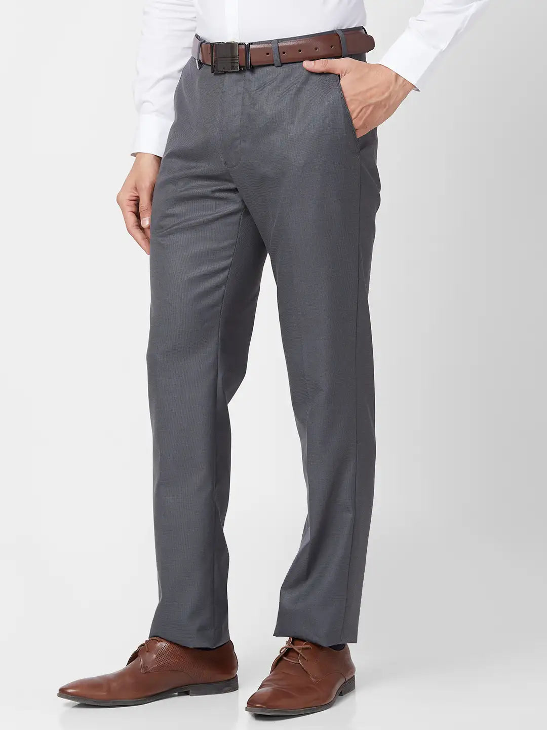 Park Avenue Men Grey Structure Smart Fit Polyester Blend Trouser