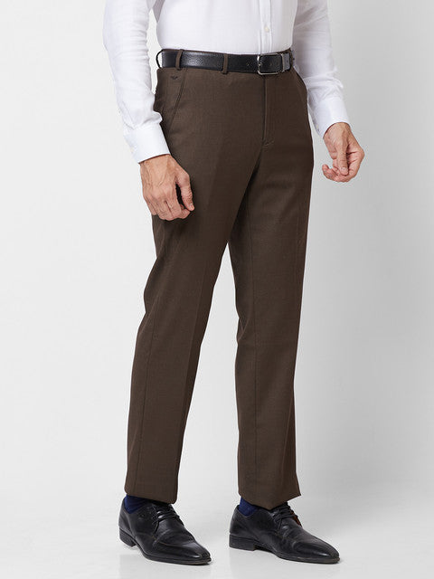 Park Avenue Men Brown Solid Smart Fit Polyester Blend Trouser
