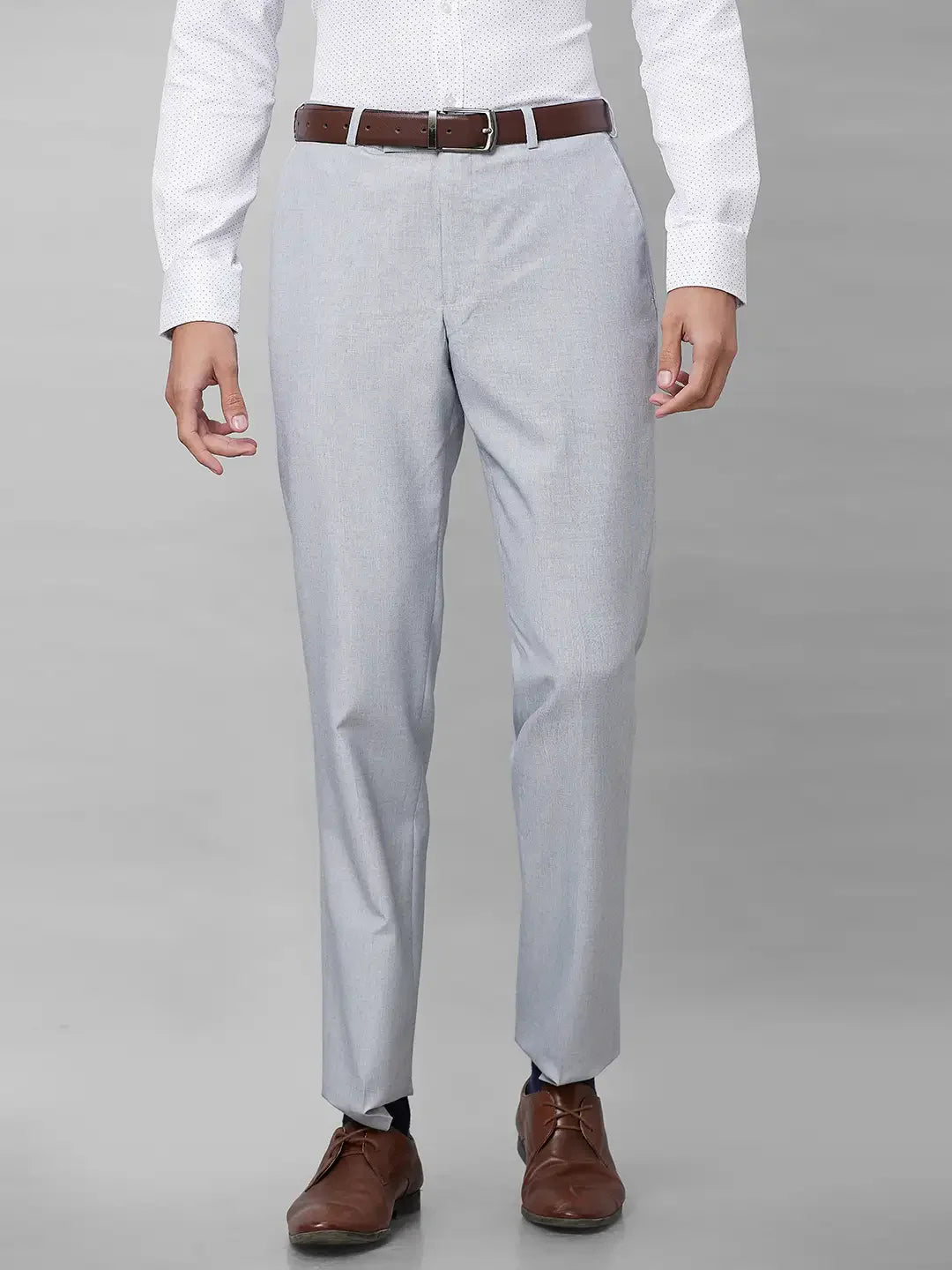 Park Avenue Men Grey Stripe Smart Fit Polyester Blend Trousers