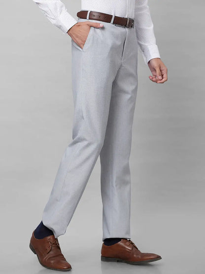 Park Avenue Men Grey Stripe Smart Fit Polyester Blend Trousers