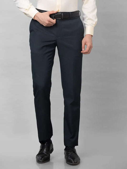 Park Avenue Men Blue Stripe Smart Fit Polyester Blend Trousers