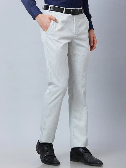 Park Avenue Men Grey Stripe Smart Fit Polyester Blend Trouser