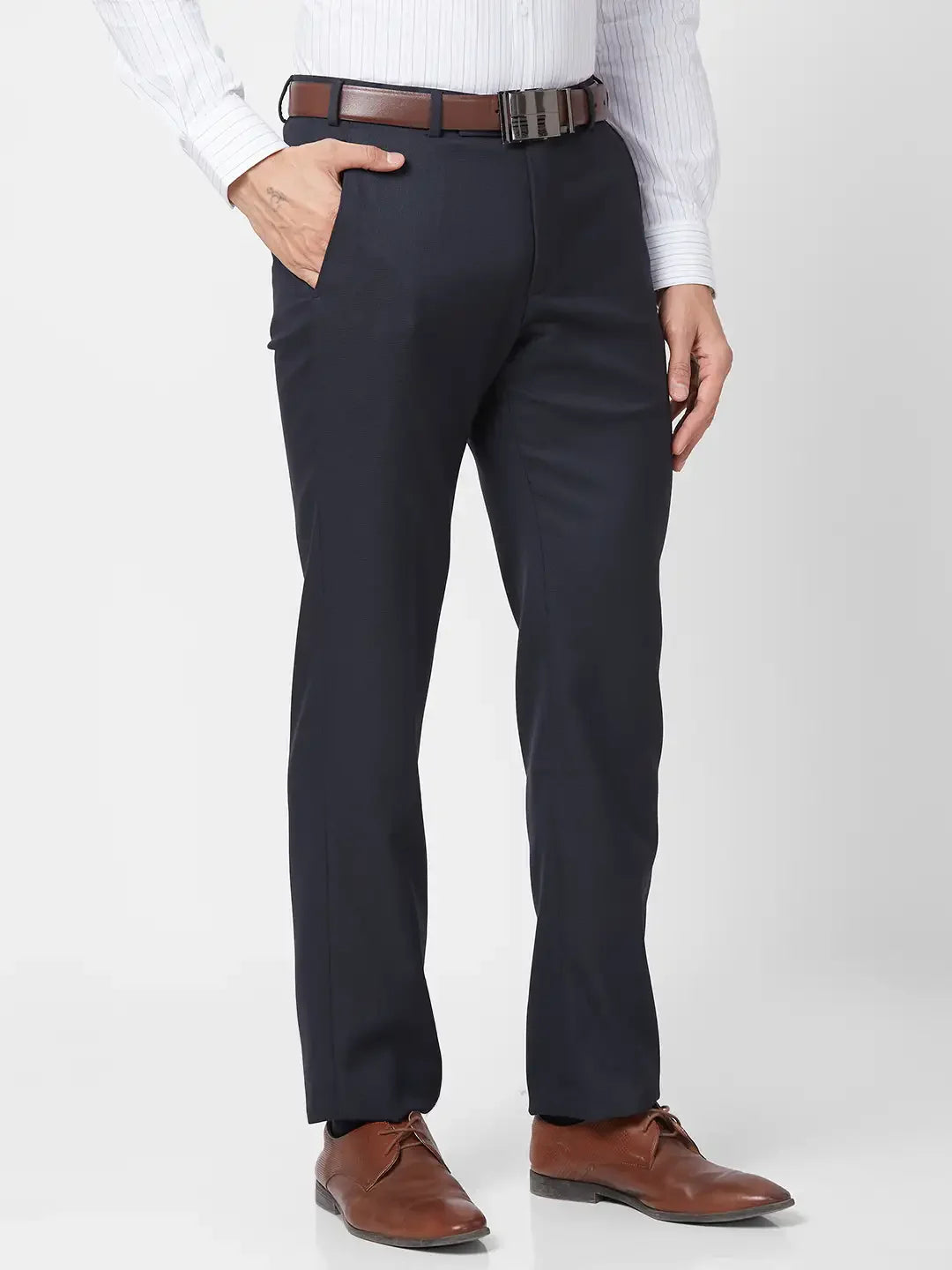 Park Avenue Men Blue Structure Regular Fit Polyester Blend Trouser