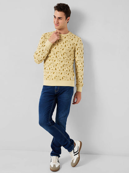Park Avenue Men Yellow Printed Slim Fit Cotton Blend Sweatshirt