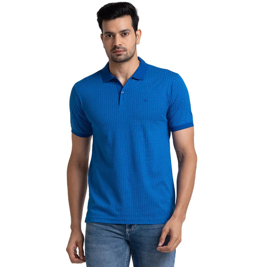 Men Blue Modern Fit Print Cotton Half Sleeve Round Neck Collar Polo T-Shirt