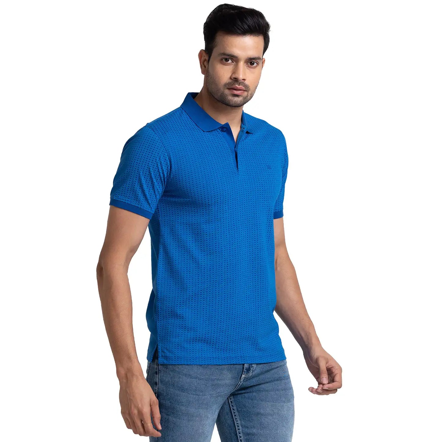Men Blue Modern Fit Print Cotton Half Sleeve Round Neck Collar Polo T-Shirt