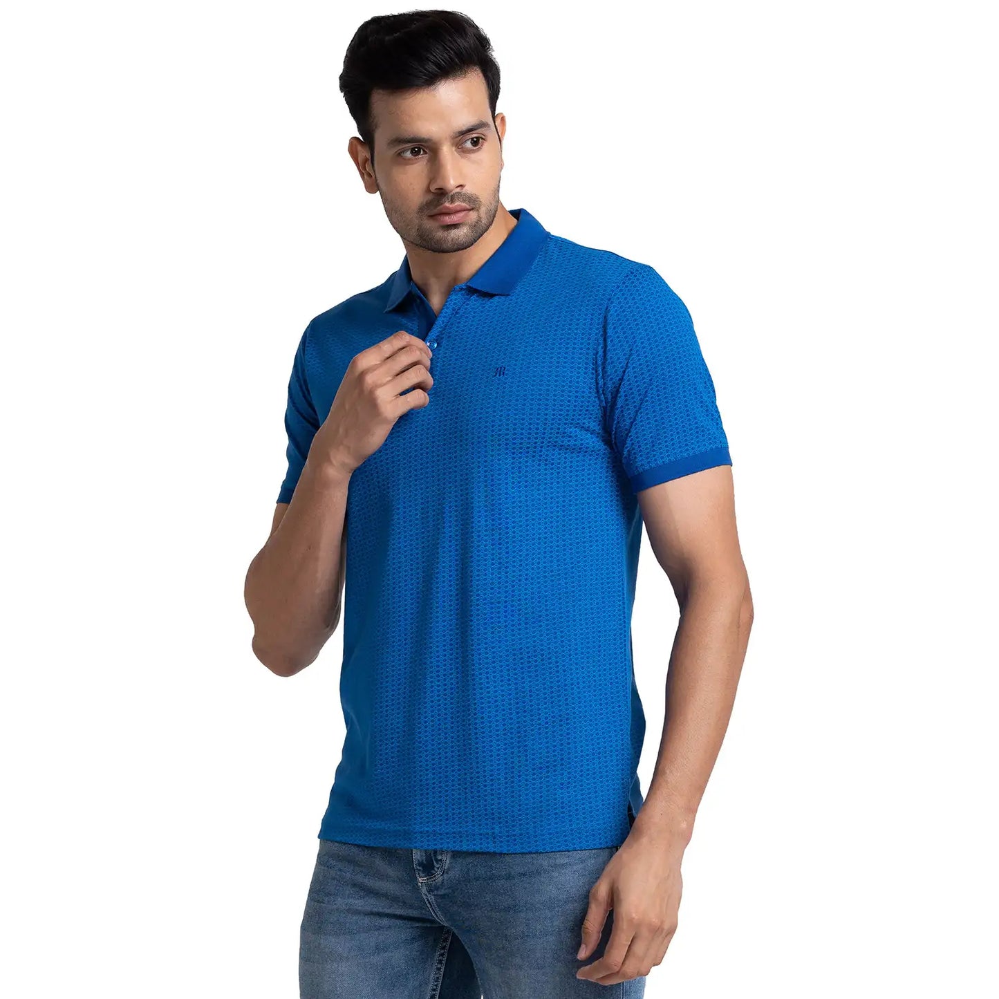Men Blue Modern Fit Print Cotton Half Sleeve Round Neck Collar Polo T-Shirt