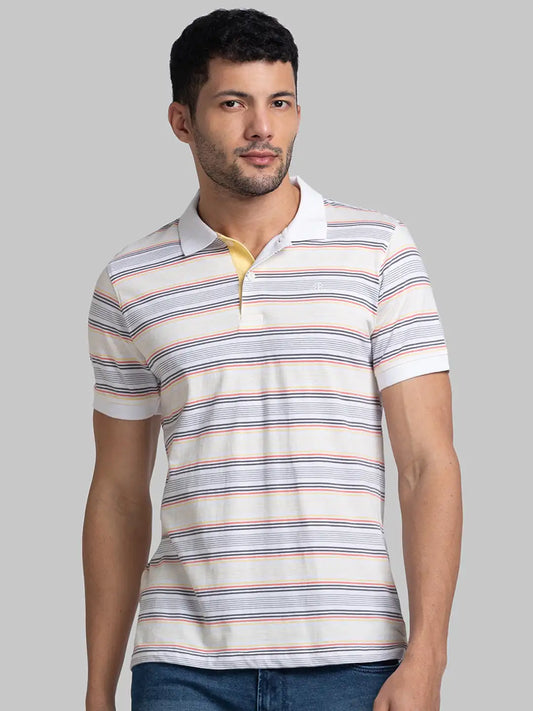 Men White Modern Fit Stripe Cotton Round Neck Collar Polo T-Shirt