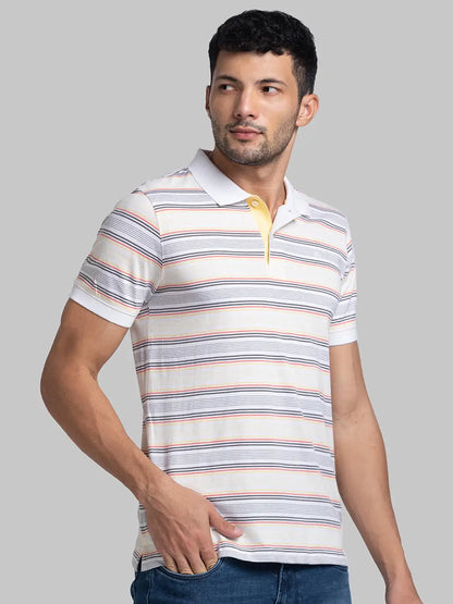 Men White Modern Fit Stripe Cotton Round Neck Collar Polo T-Shirt