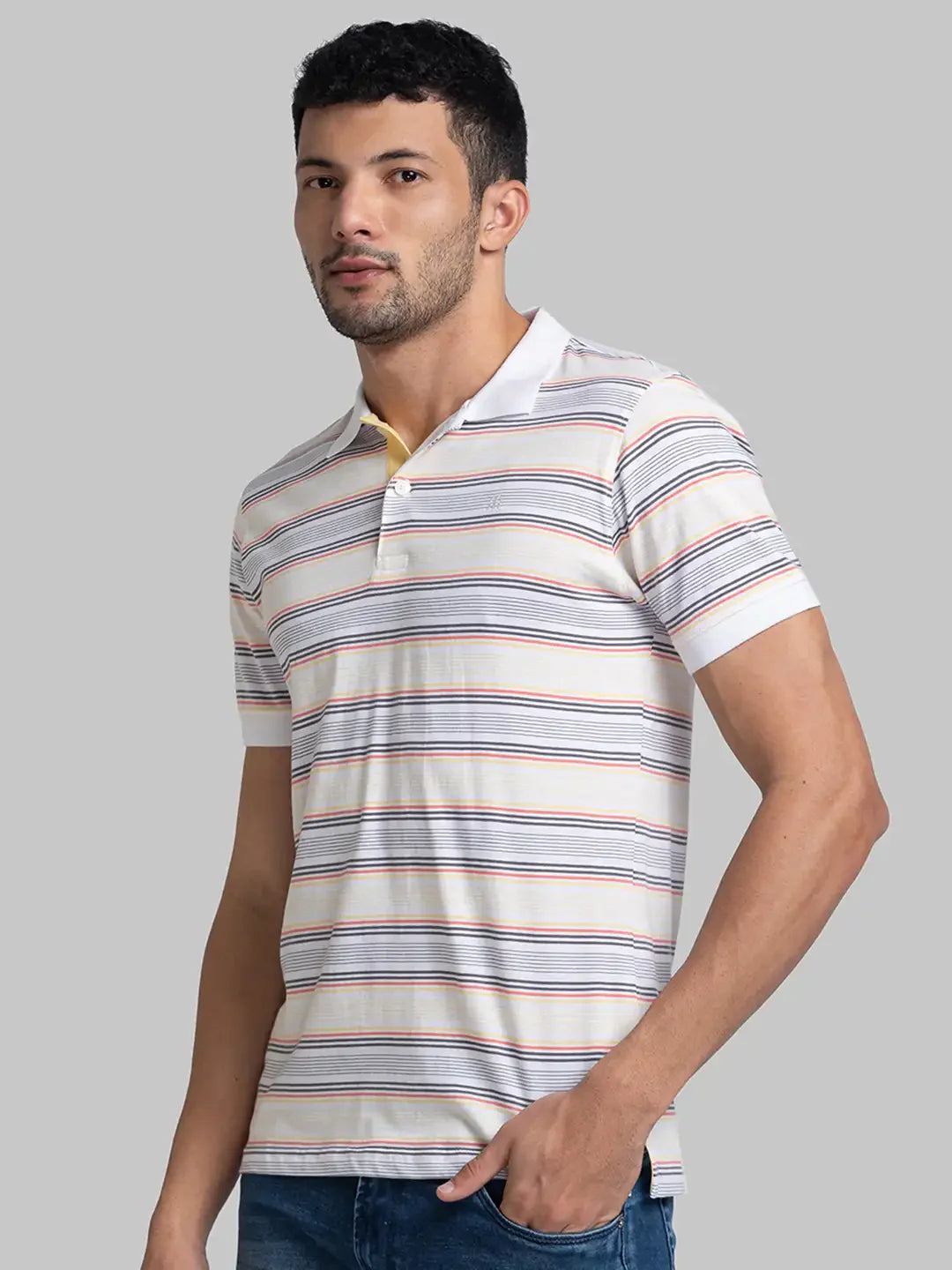 Men White Modern Fit Stripe Cotton Round Neck Collar Polo T-Shirt