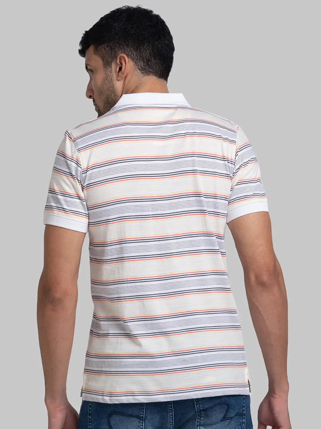 Men White Modern Fit Stripe Cotton Round Neck Collar Polo T-Shirt