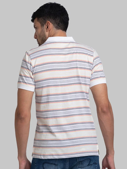 Men White Modern Fit Stripe Cotton Round Neck Collar Polo T-Shirt