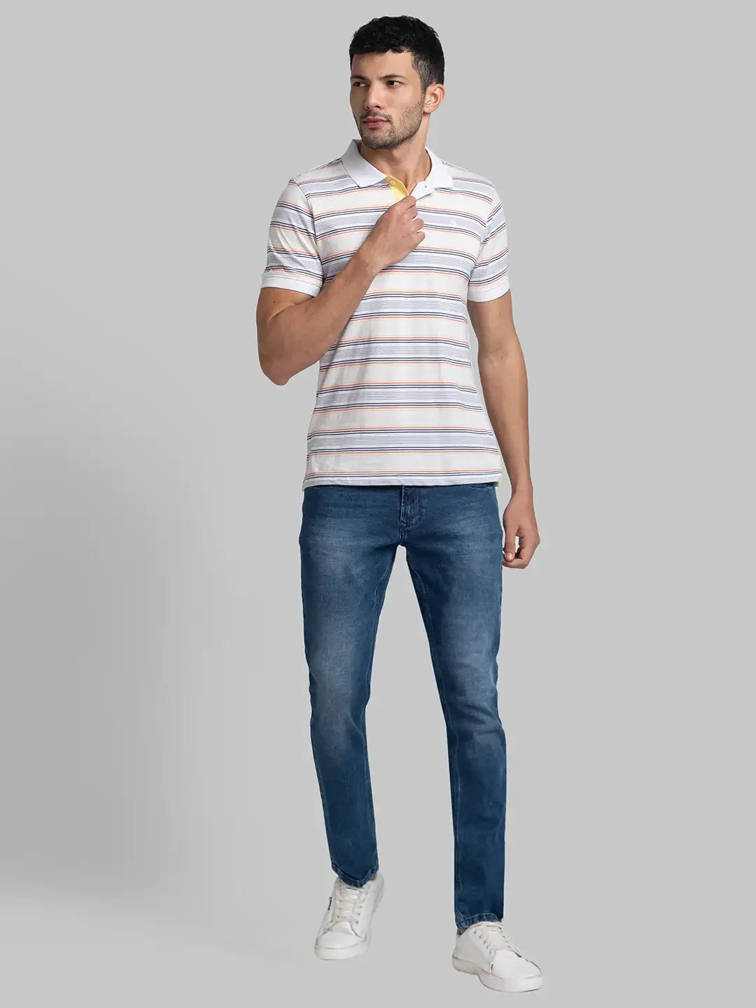 Men White Modern Fit Stripe Cotton Round Neck Collar Polo T-Shirt