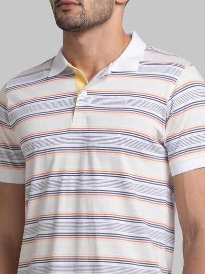 Men White Modern Fit Stripe Cotton Round Neck Collar Polo T-Shirt