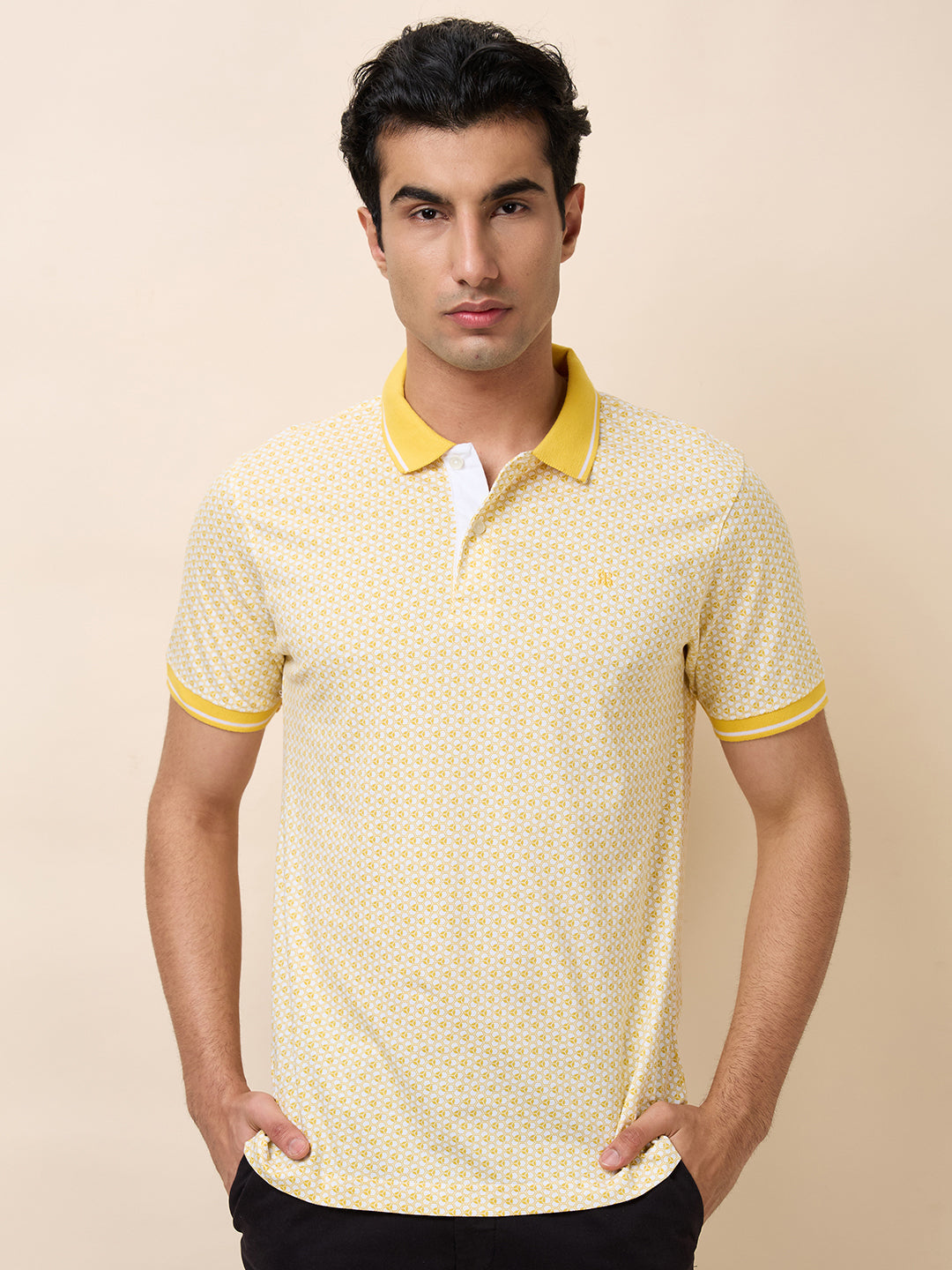Raymond Men Yellow Print Modern Fit Cotton T-Shirt