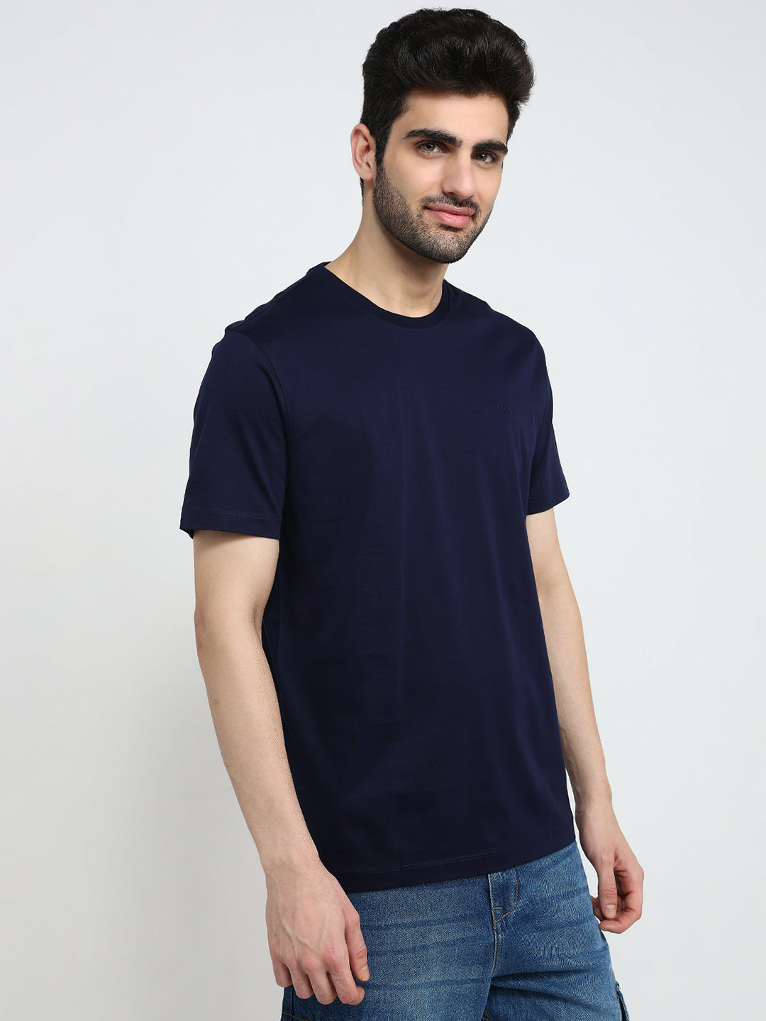 Raymond Men Blue Solid Regular Fit Cotton Half Sleeve T-Shirt