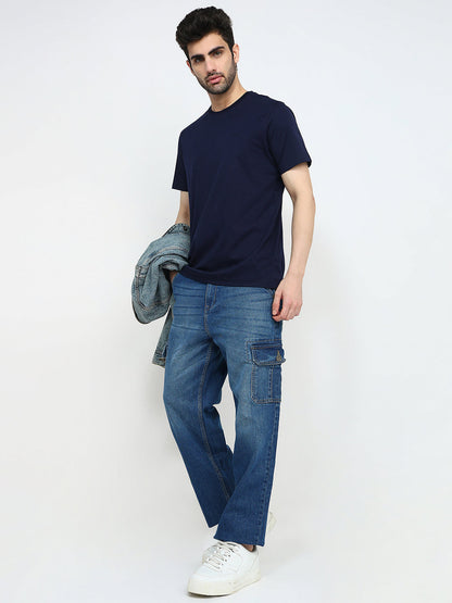 Raymond Men Blue Solid Regular Fit Cotton Half Sleeve T-Shirt