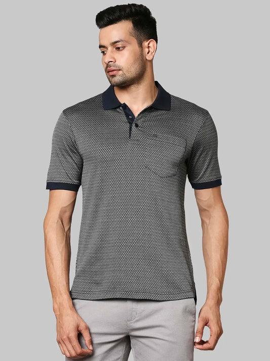 Raymond Men Blue Jacquard Contemporary Fit Cotton Half Sleeve T-Shirt