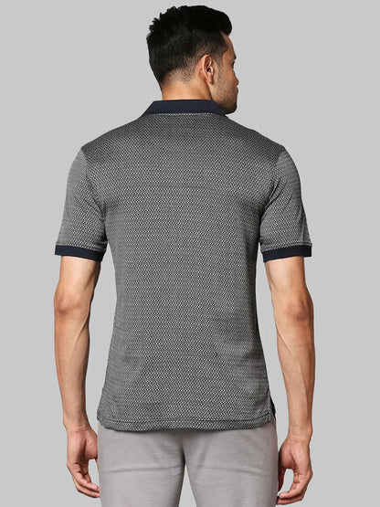 Raymond Men Blue Jacquard Contemporary Fit Cotton Half Sleeve T-Shirt