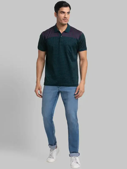 Men Green Contemporary Fit Jacquard Cotton Polo T-Shirt
