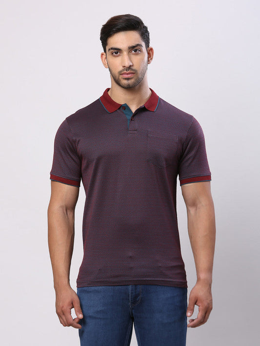 Raymond Maroon Jacquard Contemporary Fit Cotton T-Shirt