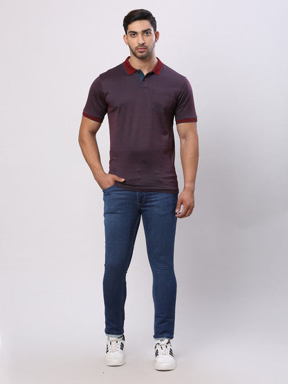 Raymond Maroon Jacquard Contemporary Fit Cotton T-Shirt