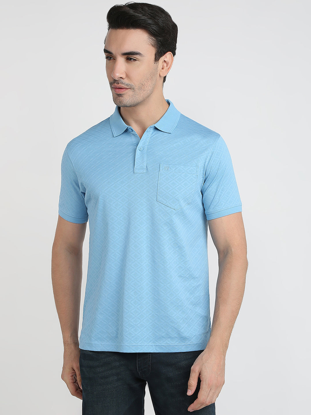 Raymond Men Blue Jacquard Regular Fit Cotton Half Sleeve T-Shirt