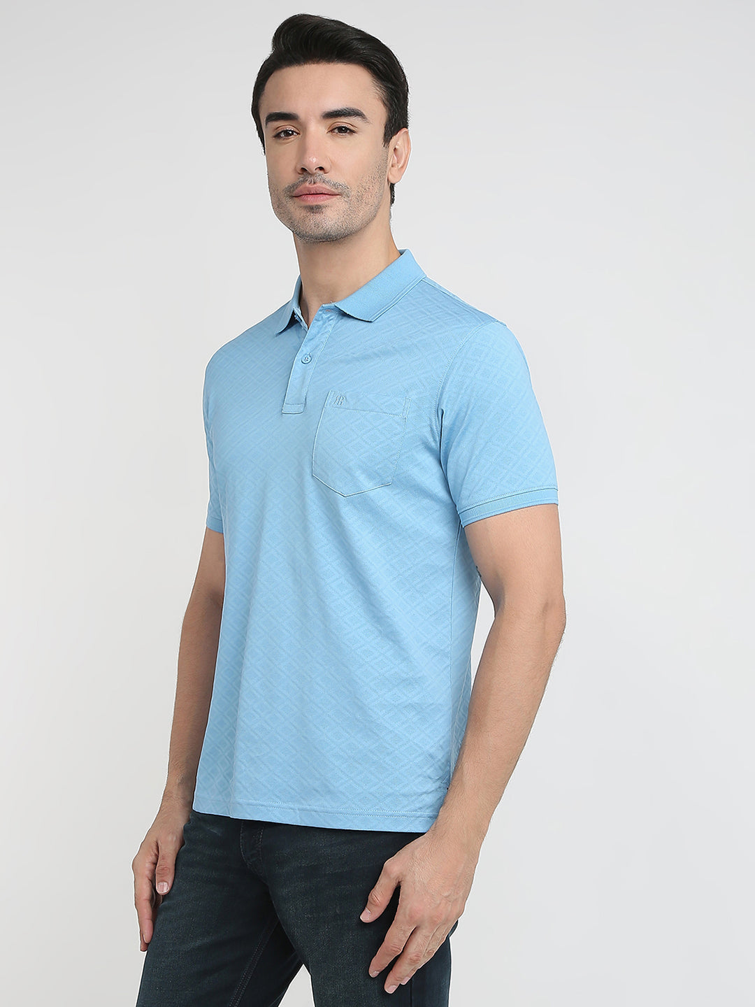 Raymond Men Blue Jacquard Regular Fit Cotton Half Sleeve T-Shirt