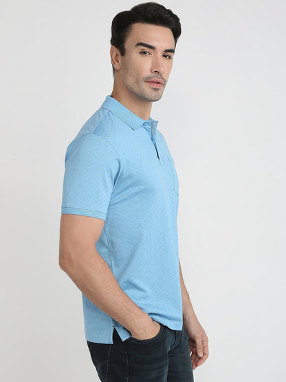 Raymond Men Blue Jacquard Regular Fit Cotton Half Sleeve T-Shirt